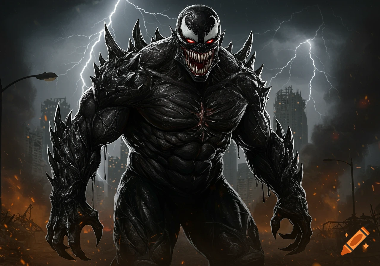 A muscular, spiky black monster with glowing red eyes stands in a ruined city under a lightning storm.