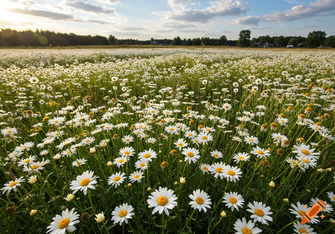 A vast field of white daisies stretches under a bright sky with scattered clouds.
