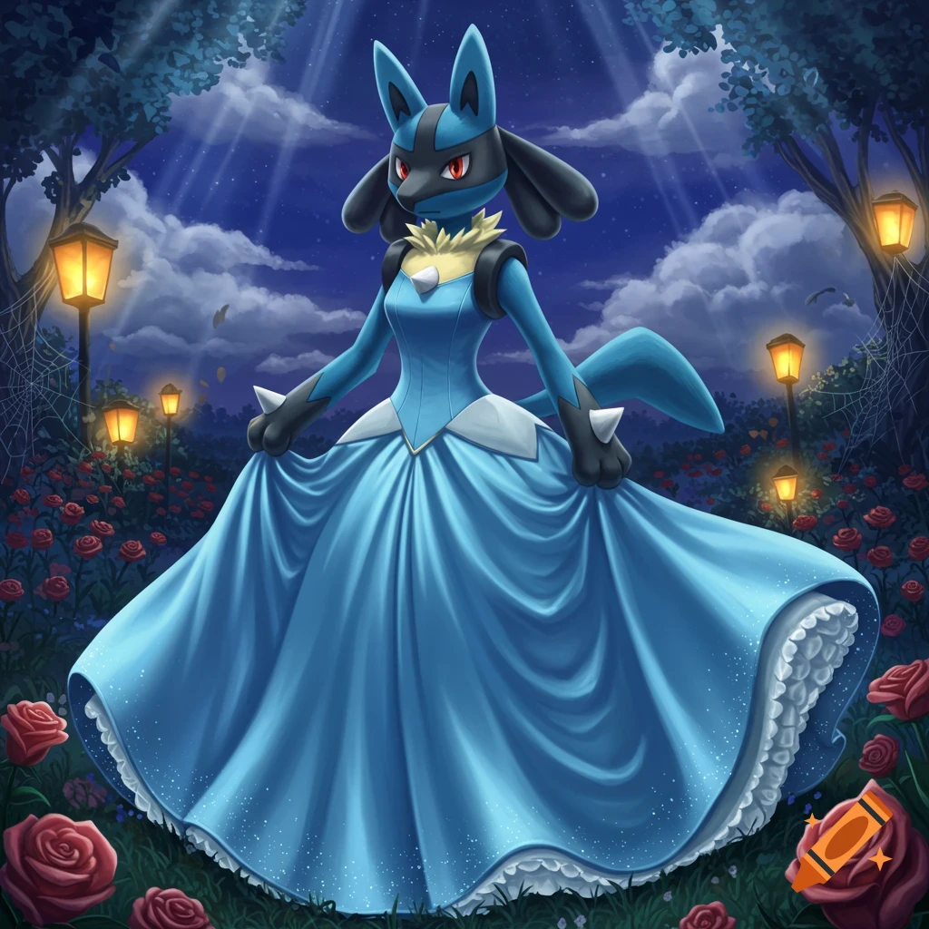 A Lucario in a blue dress stands in a moonlit garden with roses and glowing lanterns.