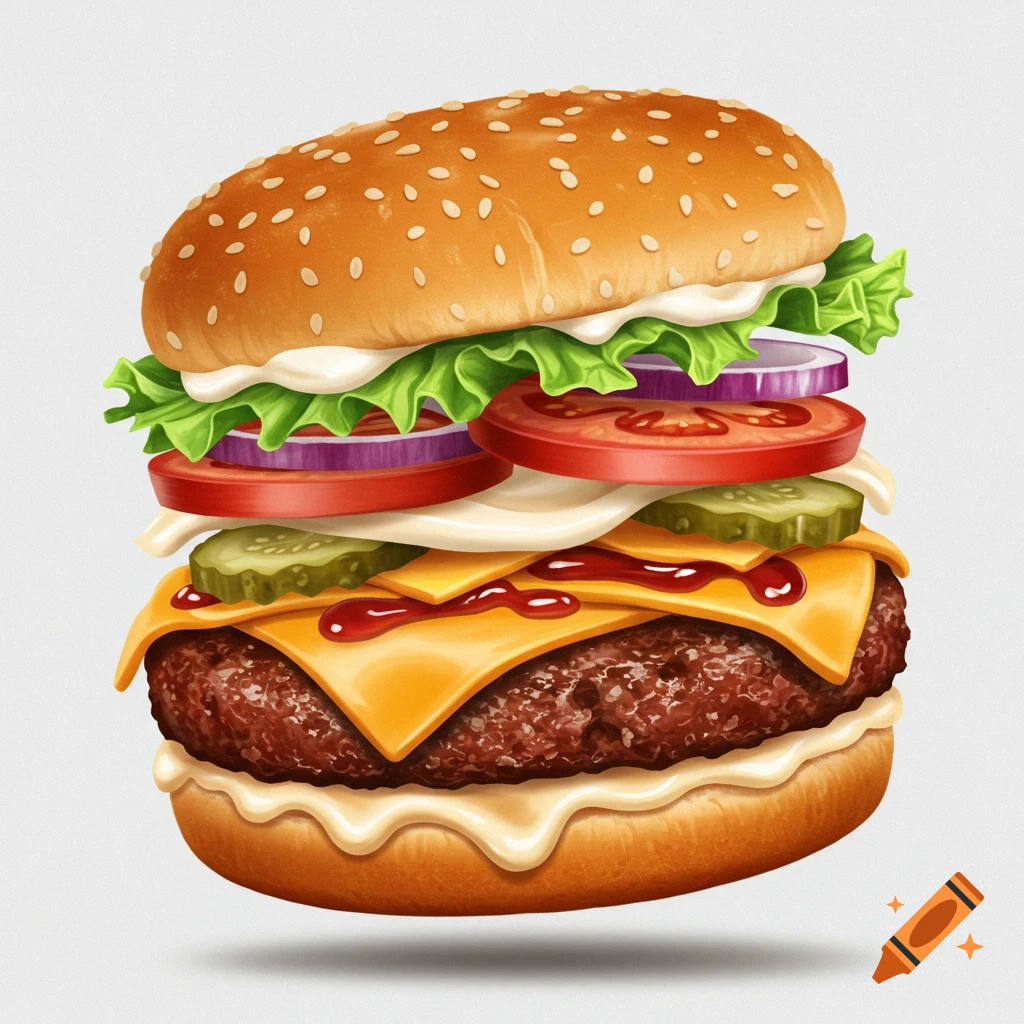 A detailed illustration of a fully loaded burger with lettuce, onion, tomato, pickles, cheese, and sauces.