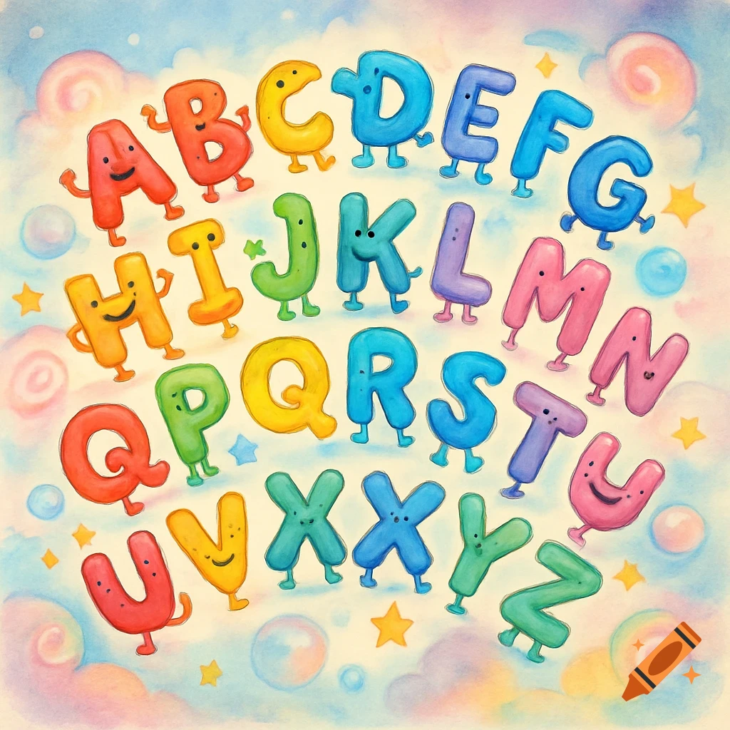 Colorful watercolor illustration of the English alphabet letters A-Z, each with a smiling face and small legs, set against a soft, cloudy sky background.
