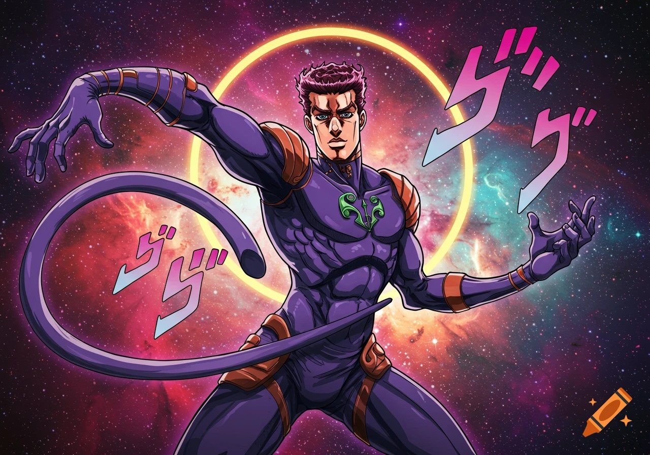 Muscular man in purple suit with long tail poses in cosmic background with stylized Japanese characters.
