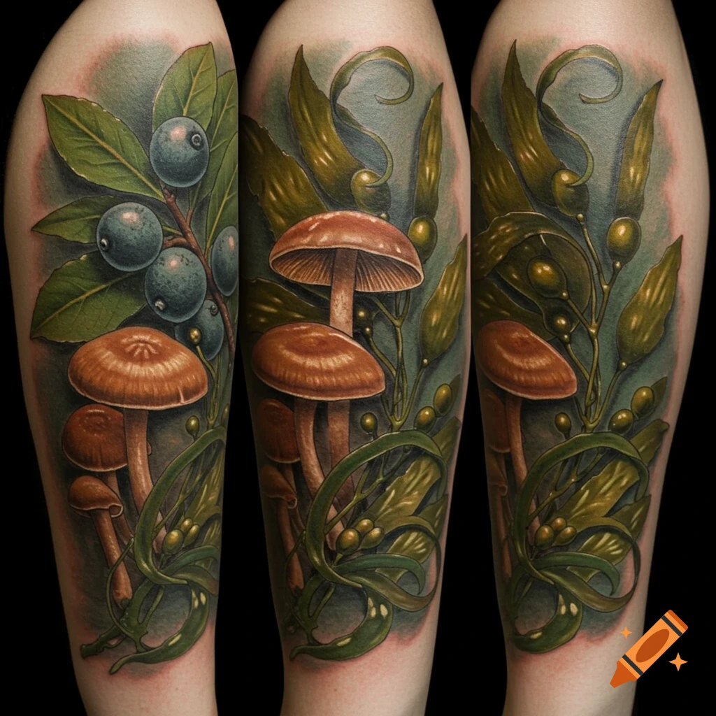 A realistic tattoo of brown mushrooms, dark blue berries, and green kelp on a person's limb.