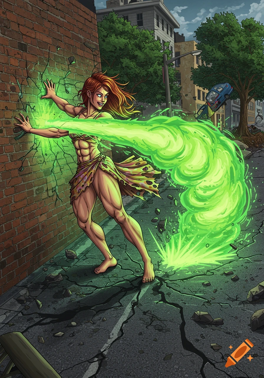 A muscular woman in a torn dress leans on a brick wall, emitting a powerful green gas blast that destroys the street and flips a car in a comic book style.
