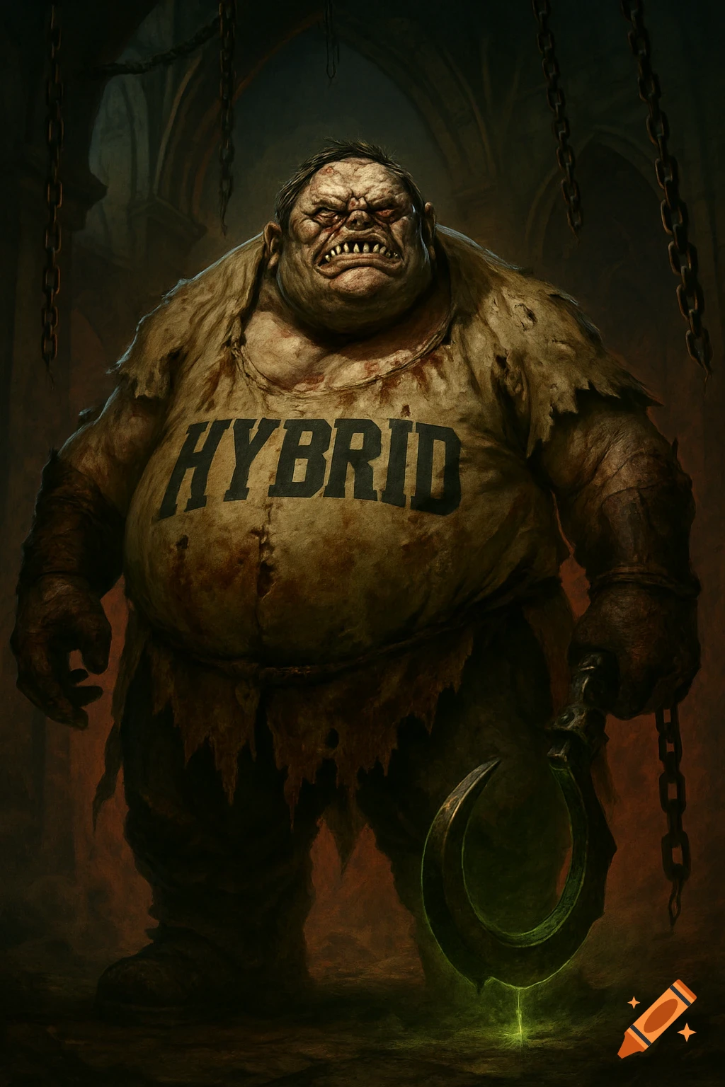 A monstrous, grotesque creature resembling Dota's Pudge, wearing a ripped, blood-stained shirt with 'HYBRID', in a dark dungeon.
