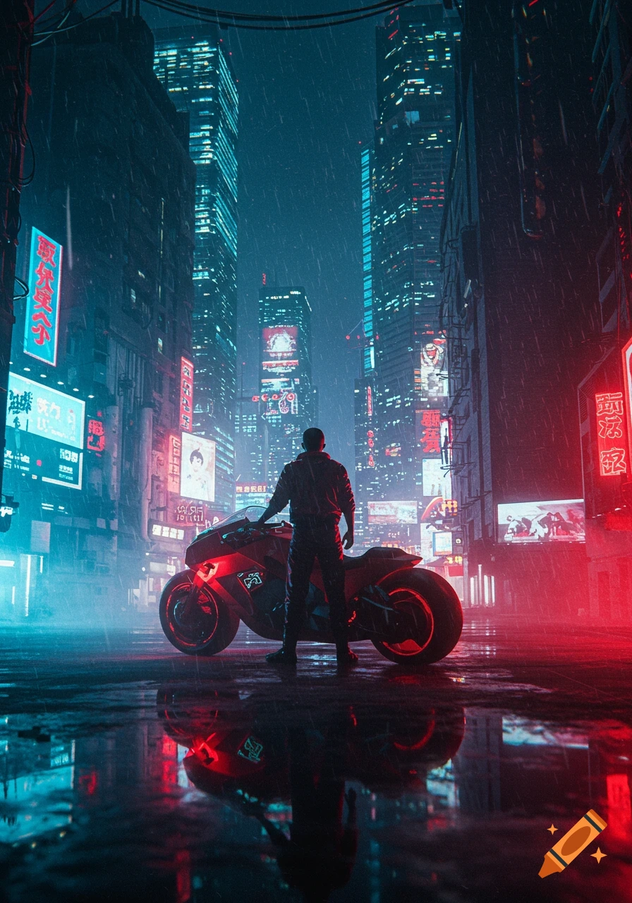 A person stands beside a motorcycle on a rainy, neon-lit cyberpunk city street at night, looking at towering skyscrapers.