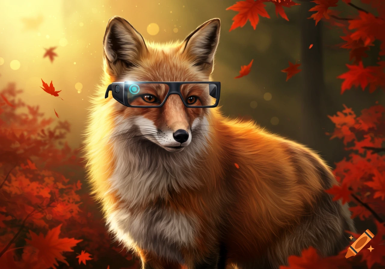 A digitally illustrated fox wearing smart glasses stands among bright red autumn leaves.