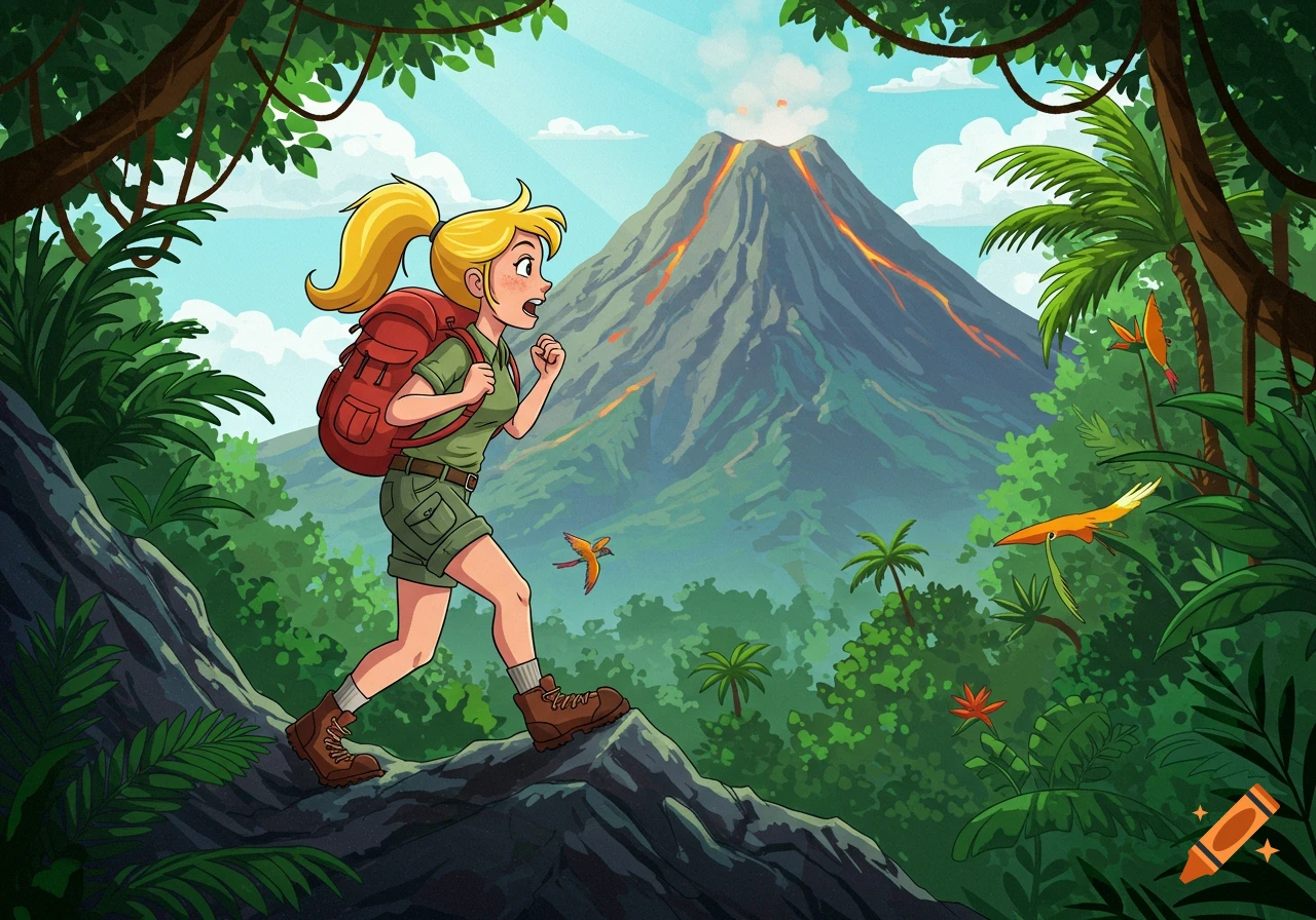 A cartoon woman with a blonde ponytail and a red backpack treks up a volcanic jungle path, with a bird flying nearby and another in the distance.