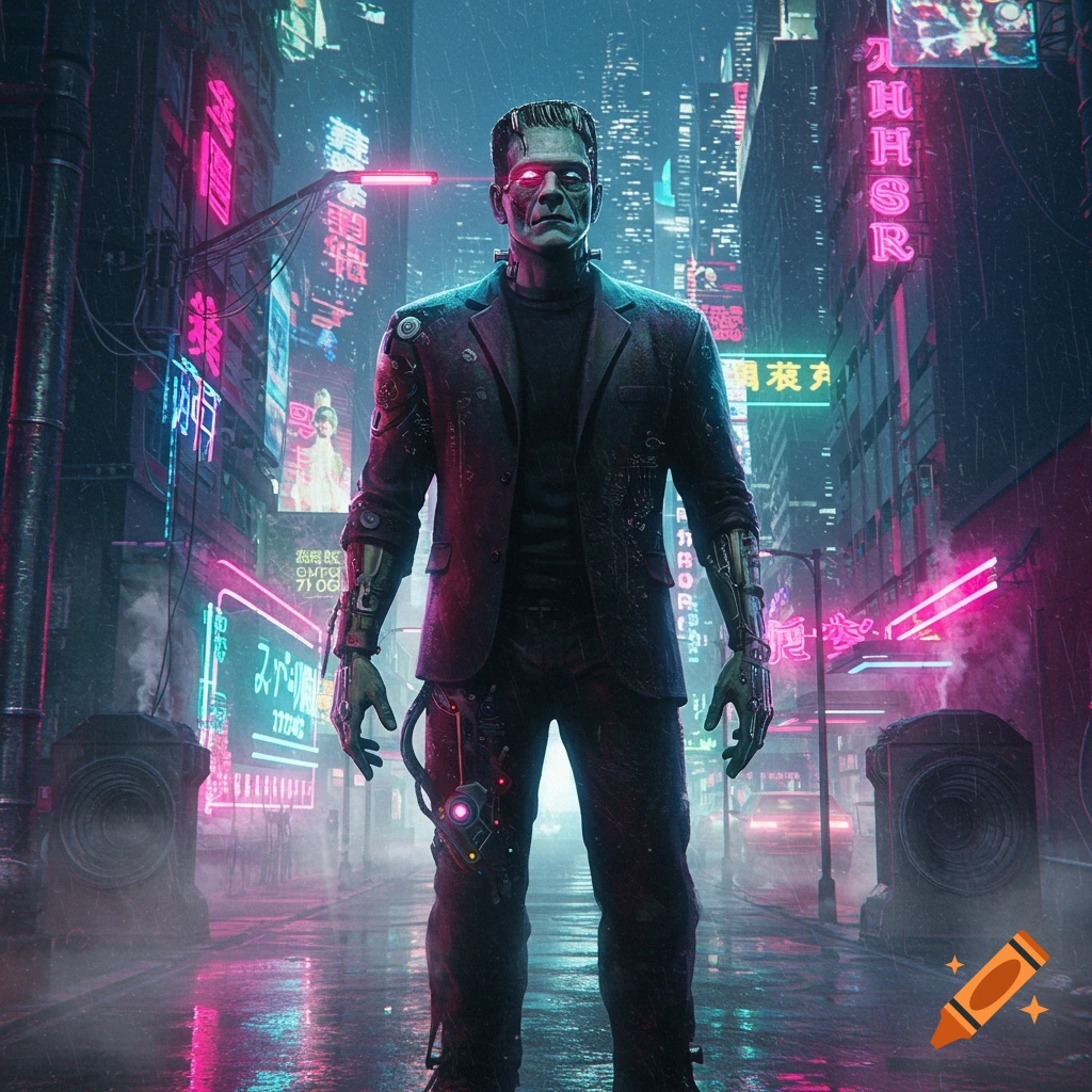 A cybernetically enhanced Frankenstein's monster stands in a neon-lit, rainy cyberpunk city street, illuminated by vibrant signs.
