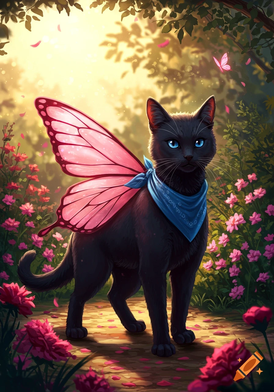 An illustrated black cat with vibrant pink butterfly wings and a blue bandana stands in a sunny, flower-filled forest.