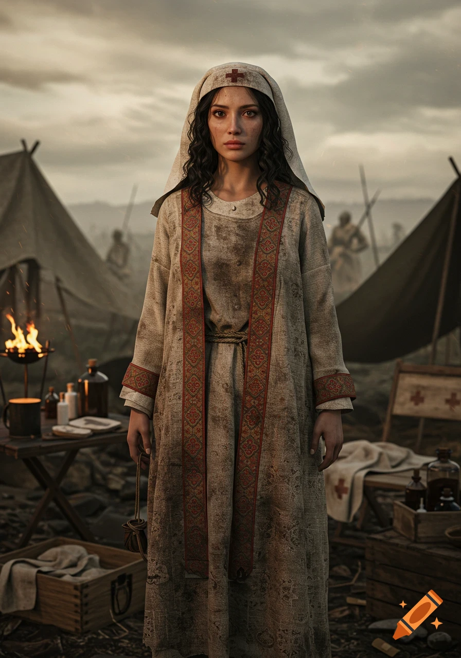 A hyperrealistic portrait of an ancient war nurse in a dirty tunic, standing in a desolate war camp with tents and a campfire.