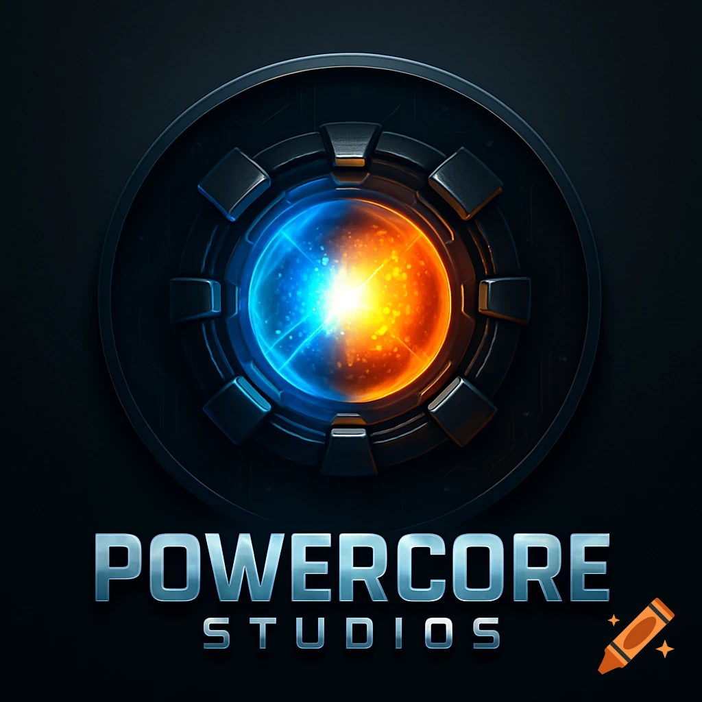 A professional, high-tech logo featuring a glowing blue and orange futuristic energy core with 'PowerCore Studios' text below.