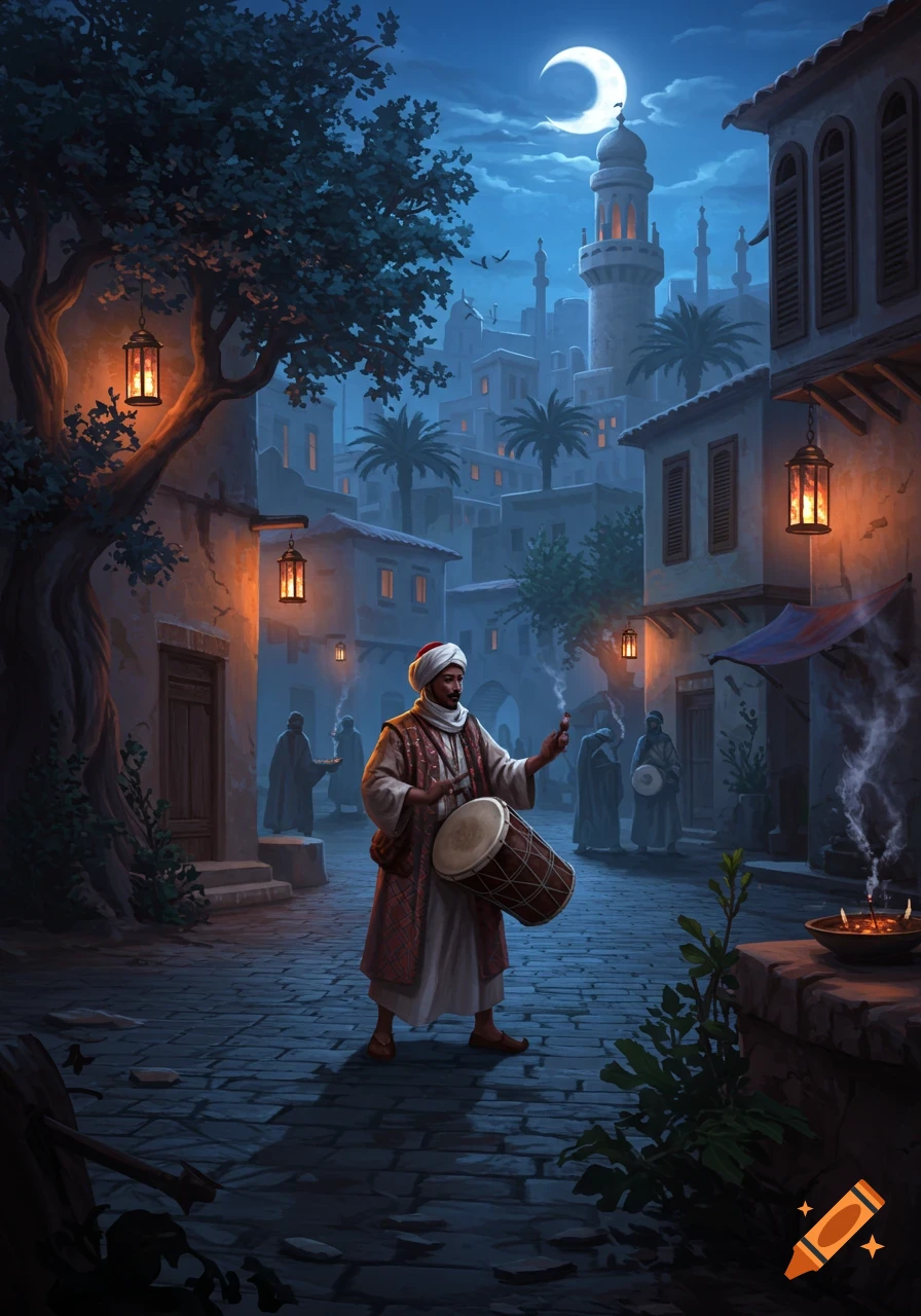 A man plays a drum in a lantern-lit Middle Eastern city street at night under a crescent moon, with other figures in the background. Illustrated style.