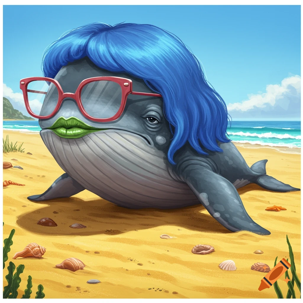 A cartoon whale with blue hair, red glasses, and green lipstick on a sandy beach.