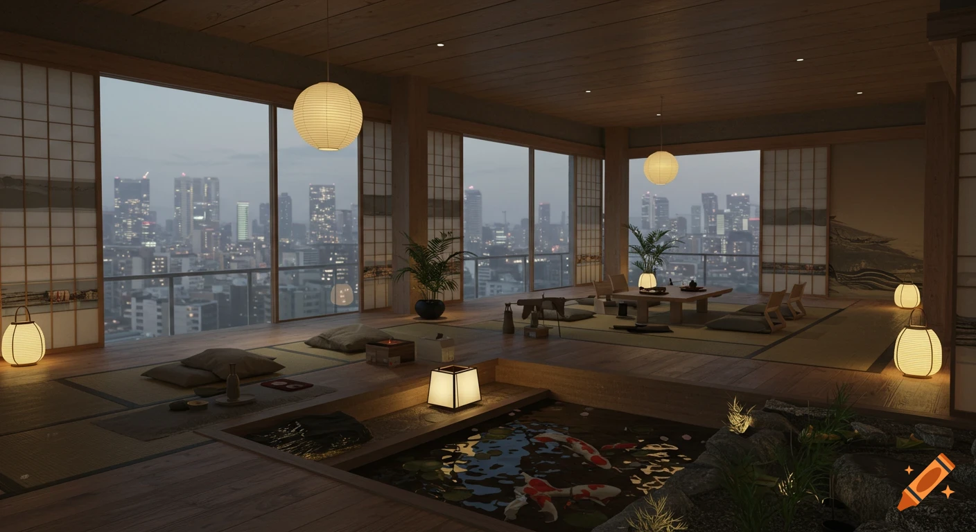 A minimalist Japanese penthouse with an indoor koi pond, tatami flooring, paper lanterns, and wide windows overlooking a misty Tokyo skyline at dusk.