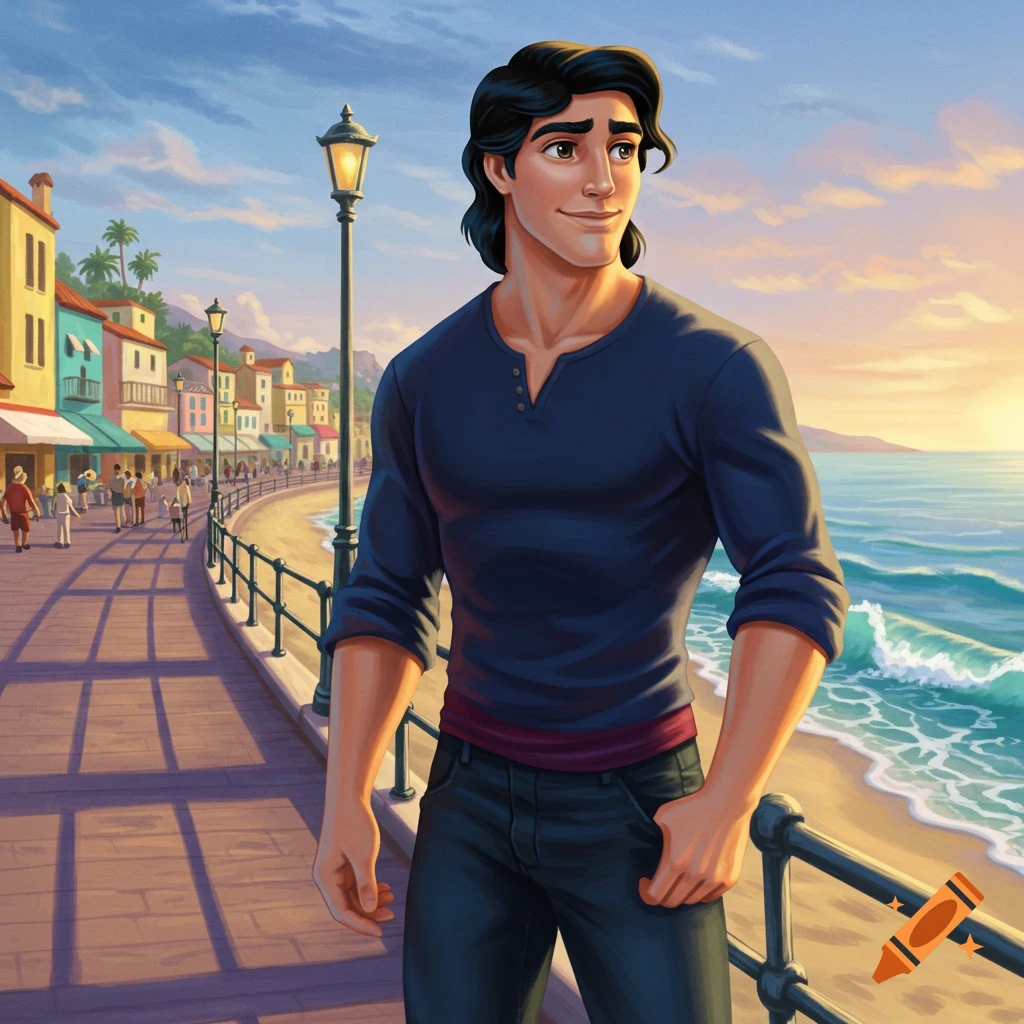 A smiling animated man with dark hair, resembling Prince Eric, stands on a sunny boardwalk next to a beach and ocean. Buildings line the background.