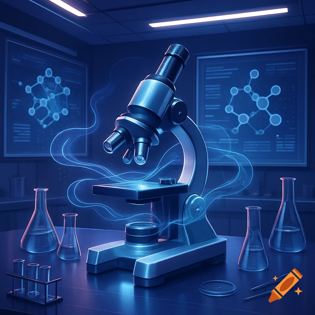 A glowing microscope on a lab table surrounded by scientific glassware and molecular diagrams in a dark, blue-lit lab.