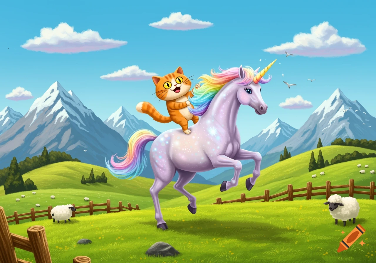 A cheerful cartoon orange cat rides a sparkling rainbow unicorn through a green meadow with mountains and sheep.