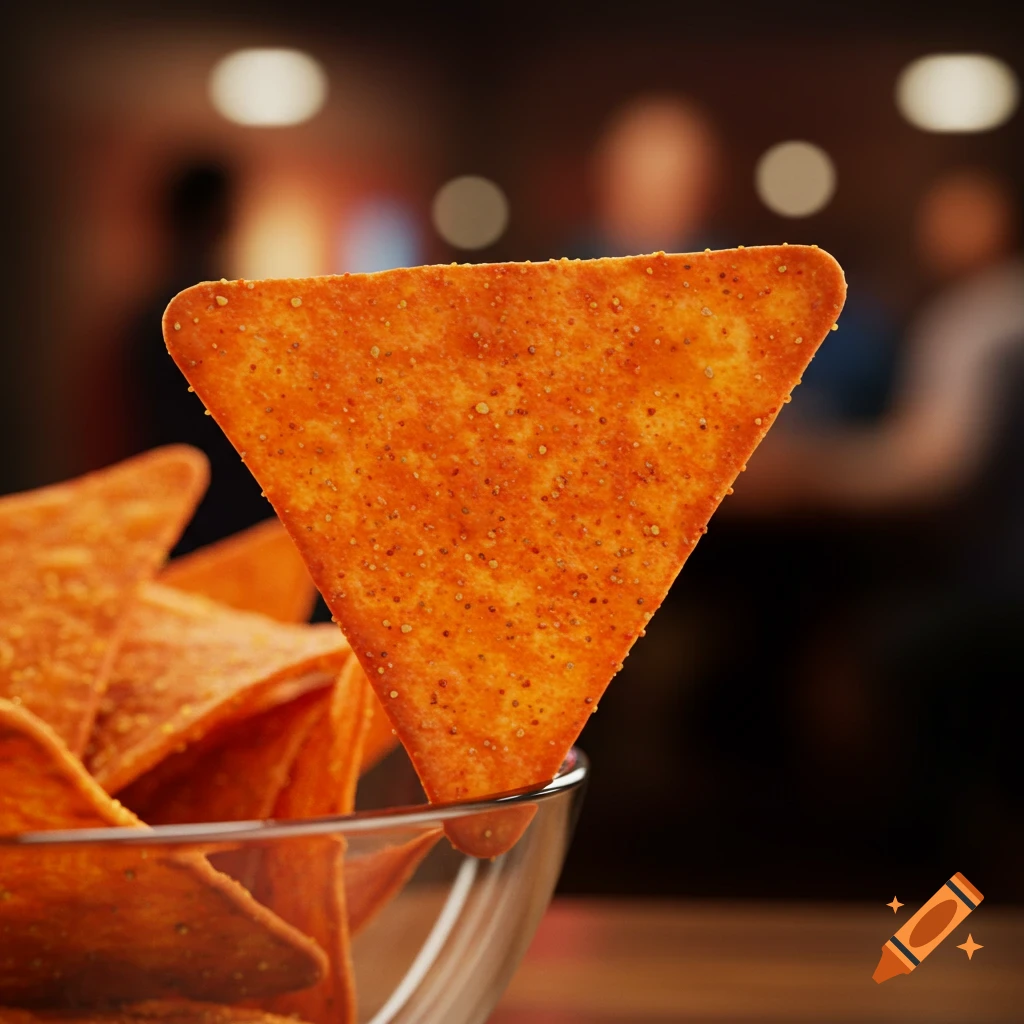 A close-up, photorealistic shot of a single orange Dorito chip standing in a glass bowl, with a blurred background.