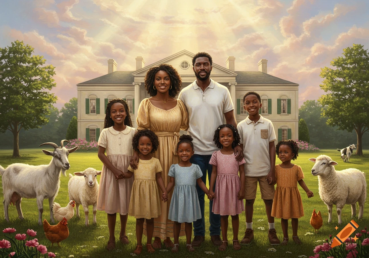 A Black family of seven, including parents and five children, stands smiling in front of a large mansion, surrounded by farm animals and green fields under a bright sky.