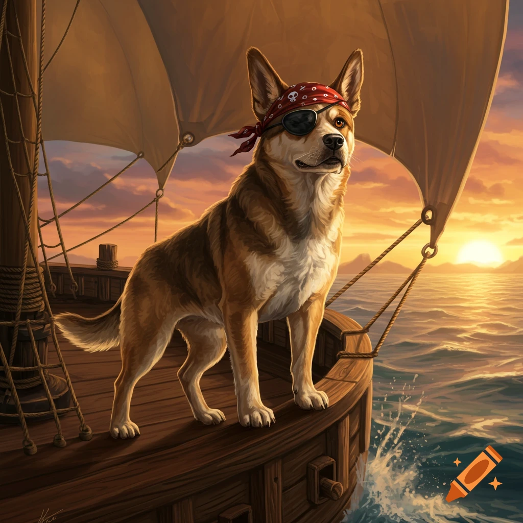 A dog wearing a red pirate bandana and an eyepatch stands on the deck of a sailing ship at sunset.