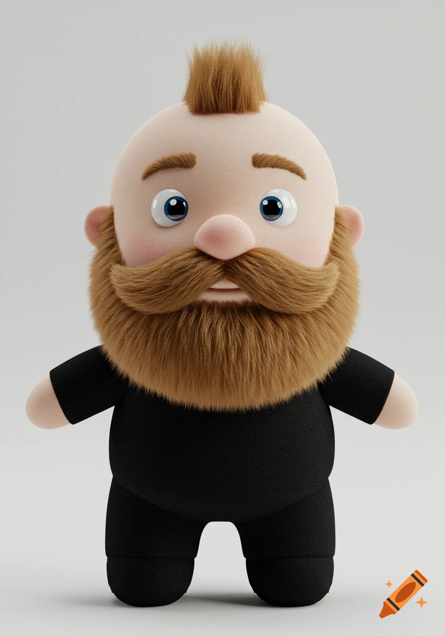 A 3D rendered plushie-style character of a bald man with a large brown beard and mohawk, wearing black clothes.