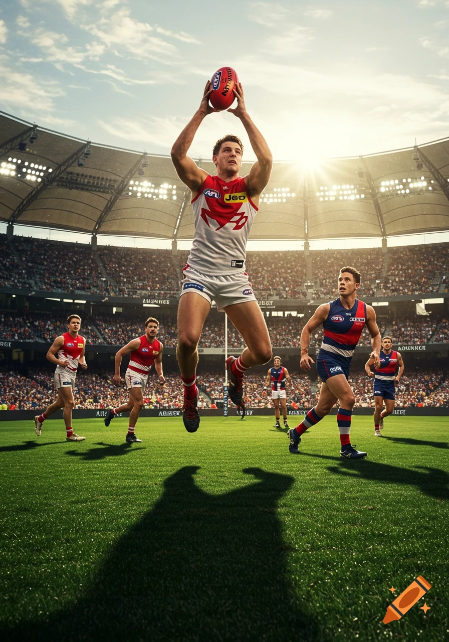 A photorealistic image of an Australian Rules Football player leaping high to catch a ball in a stadium.