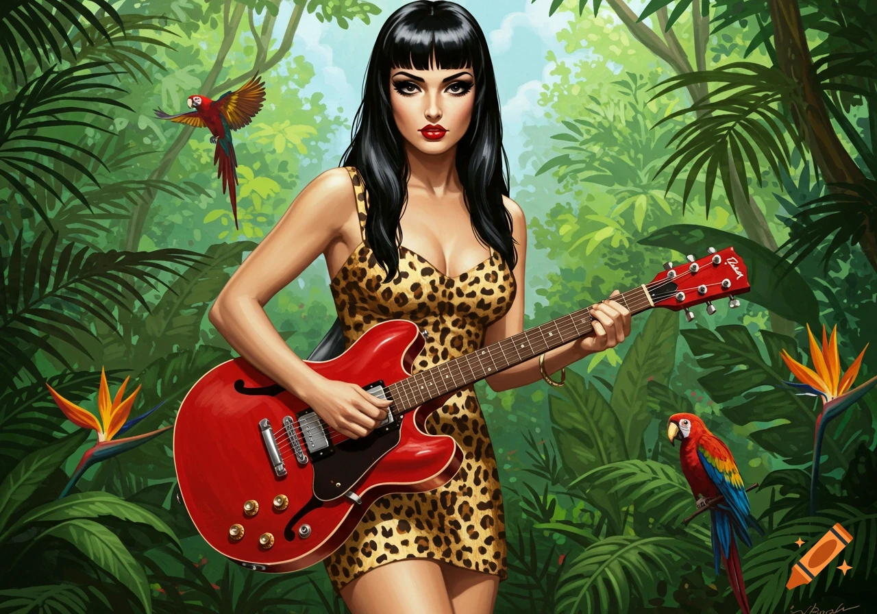 A pin-up style illustration of a woman in a leopard print dress playing a red electric guitar in a lush jungle with parrots.