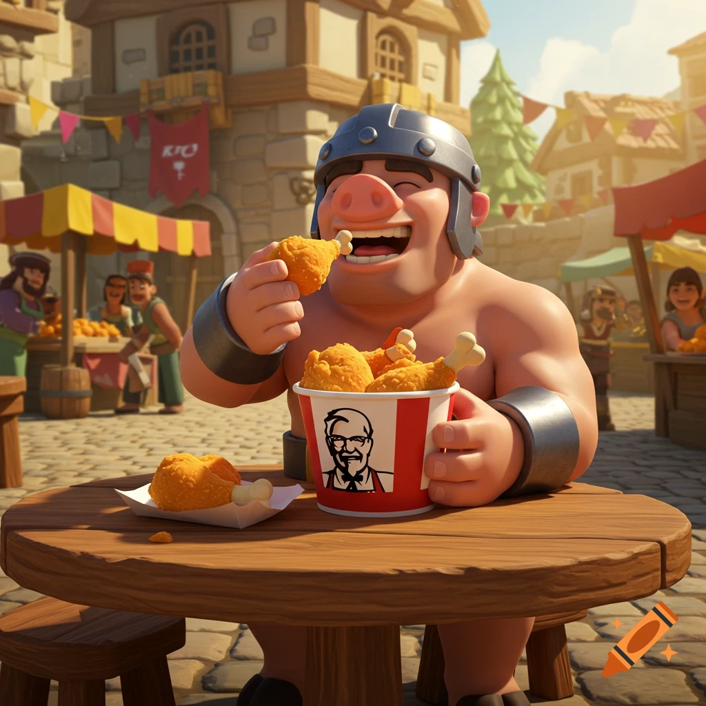 A stylized Hog Rider character from Clash Royale sits at a wooden table outdoors, happily eating a piece of fried chicken from a KFC bucket.