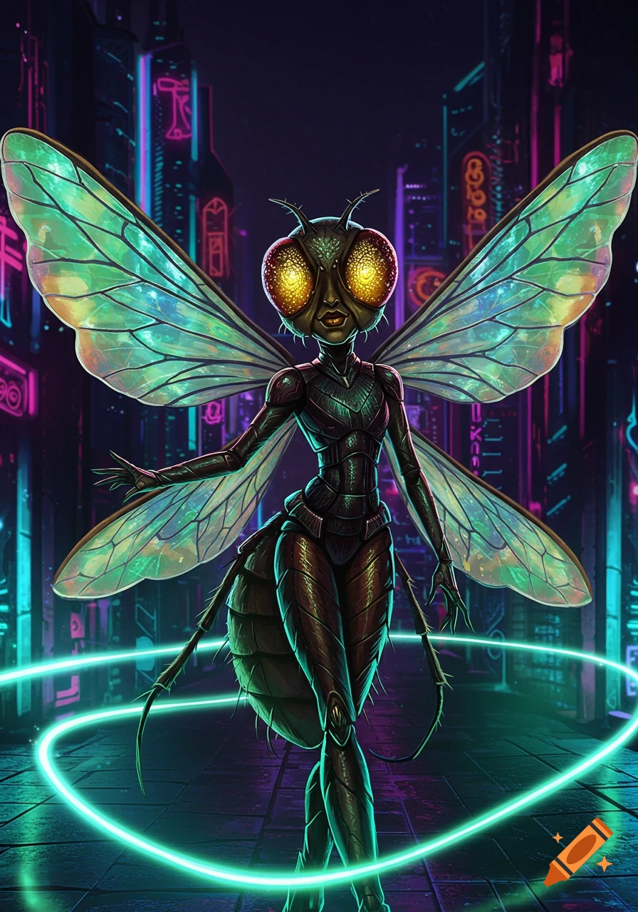 A humanoid fly character with glowing compound eyes and iridescent wings stands in a neon-lit cyberpunk city.