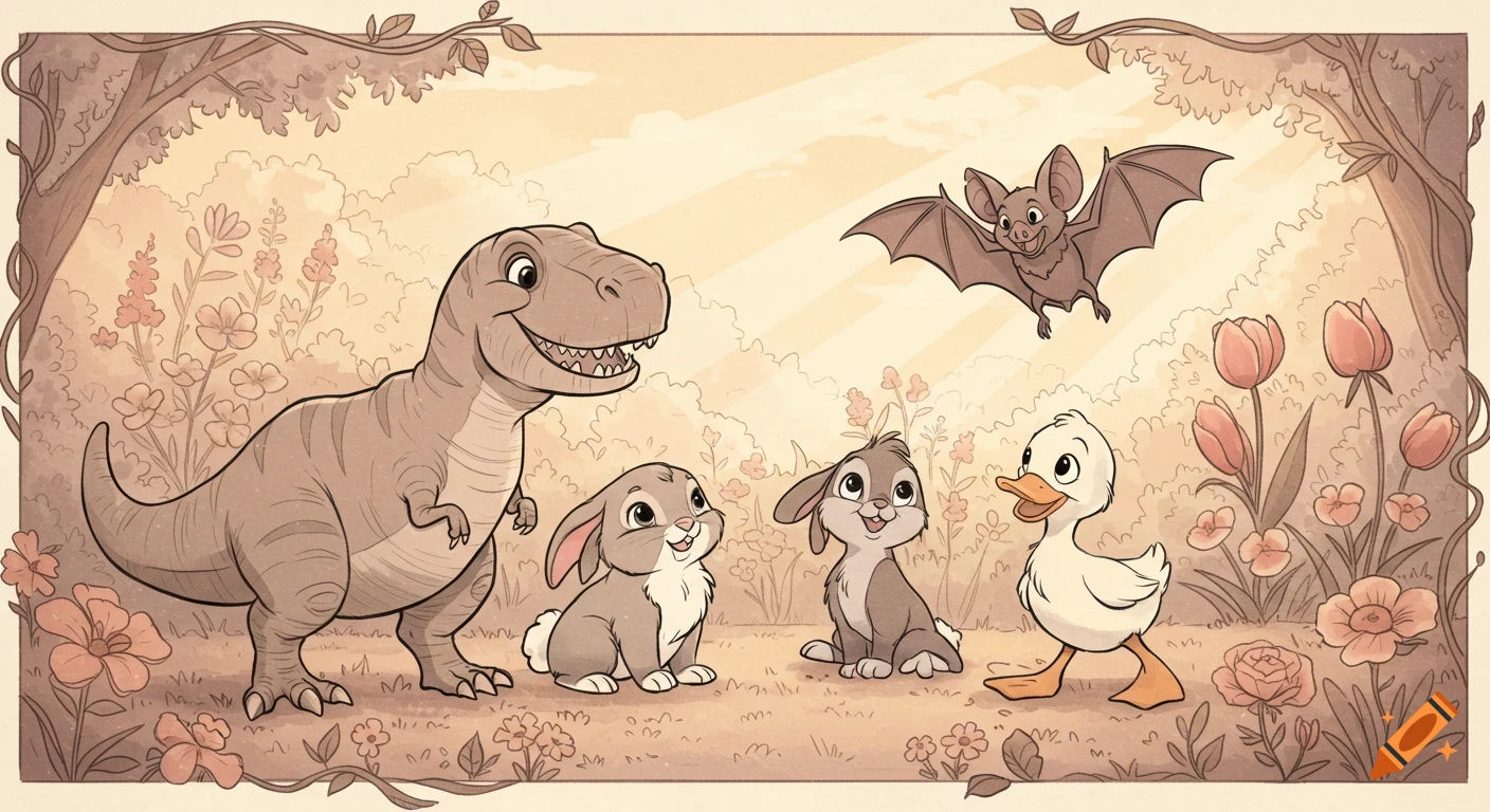 A sepia-toned, Disney-style cartoon shows a friendly T-Rex with two bunnies, a duckling, and a bat flying above, surrounded by flowers and trees.