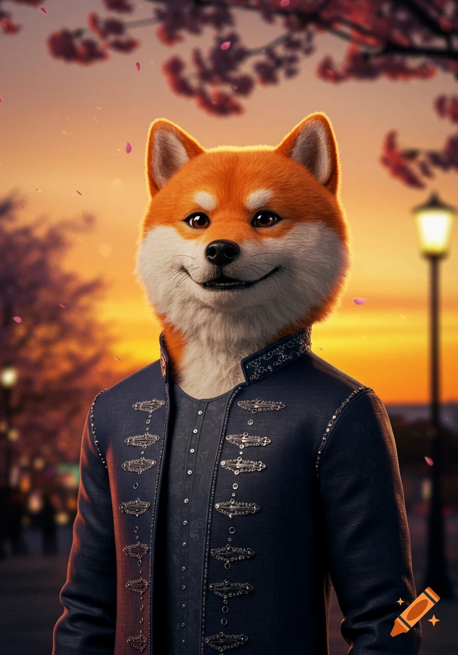 Photorealistic portrait of an anthropomorphic Shiba Inu in a dark blue ornate suit, standing under a cherry blossom tree at sunset.