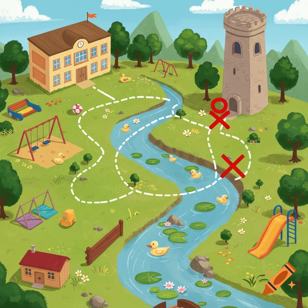 Cartoon map with a school, playground, winding river with ducks, a tower, and a dotted path leading to a red X.