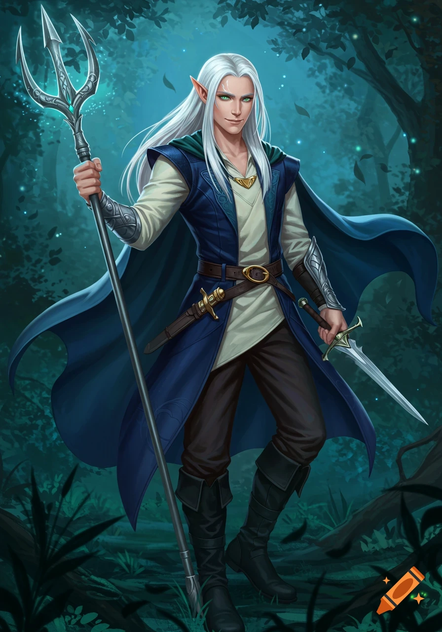 A silver-haired elf with green eyes, wearing a blue cloak and tunic, holds a trident and a sword in a dark forest setting.