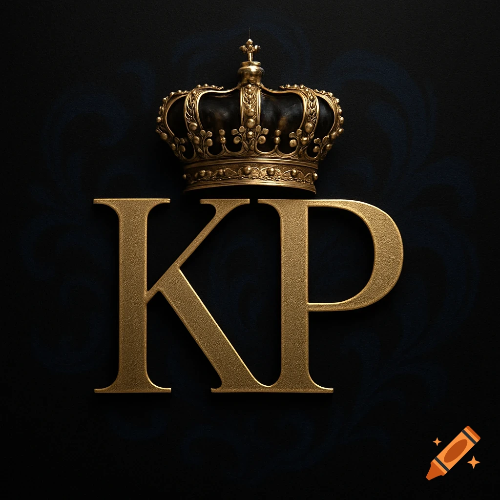 A golden crown sits atop the bold gold capital letters "KP" on a dark, textured background.