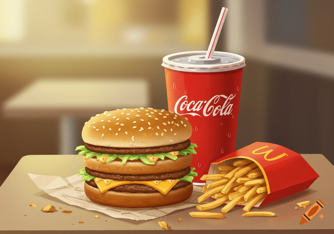 Stylized illustration of a McDonald's meal with a double cheeseburger, fries in a red carton, and a Coca-Cola drink.