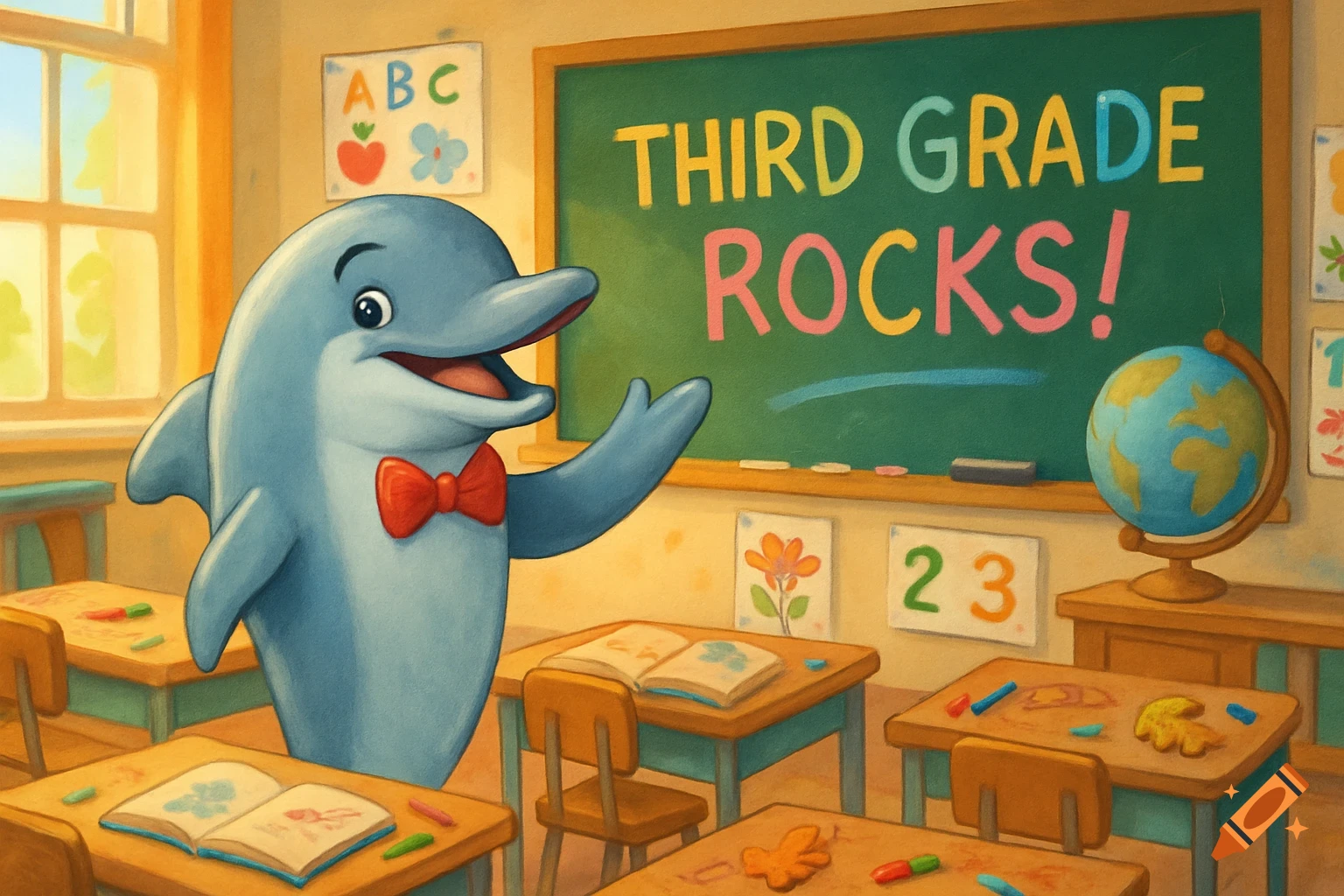 A friendly cartoon dolphin wearing a bow tie stands in a bright classroom with a chalkboard displaying "THIRD GRADE ROCKS!".
