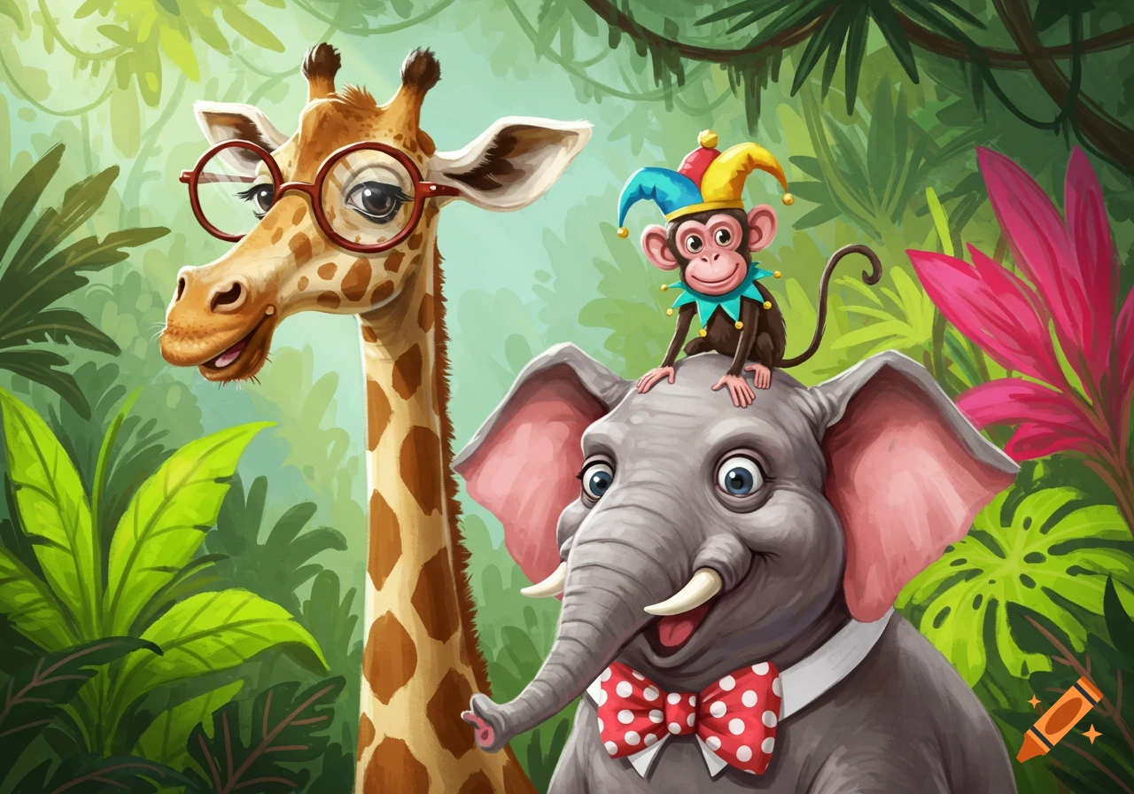 Cartoon illustration of a giraffe in glasses, an elephant in a bow tie, and a monkey in a jester hat in a lush jungle.