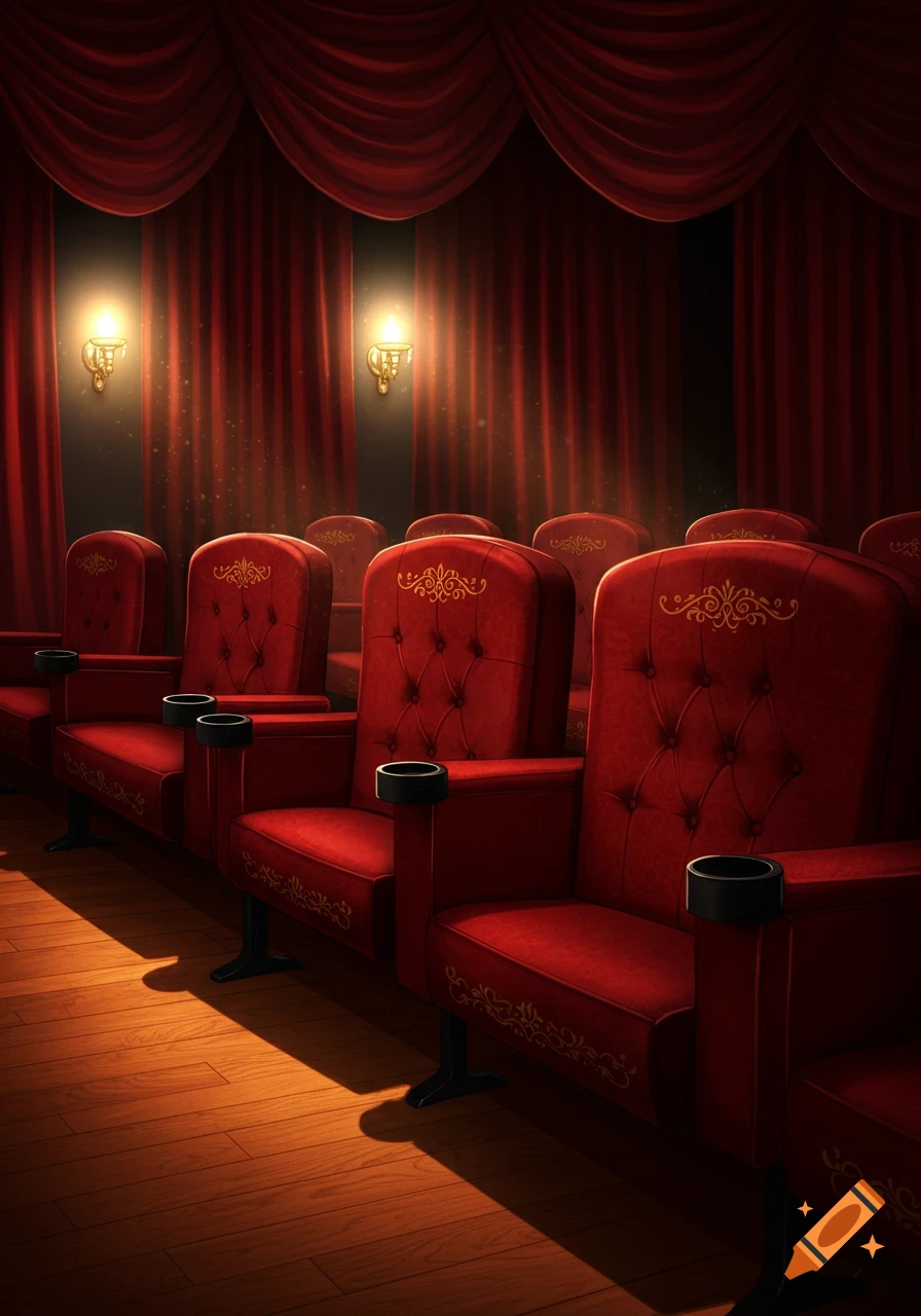 Rows of empty red velvet movie theater seats with elegant gold trim, red curtains, and illuminated wall sconces.
