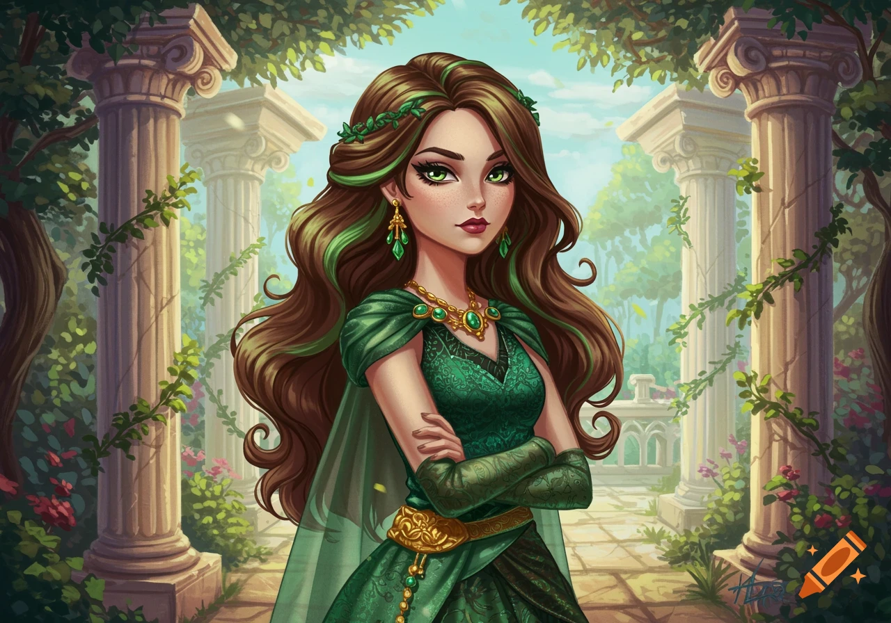 A stylized character portrait of a woman with long brown hair and green highlights, wearing a green gown, standing between two stone pillars in a garden.