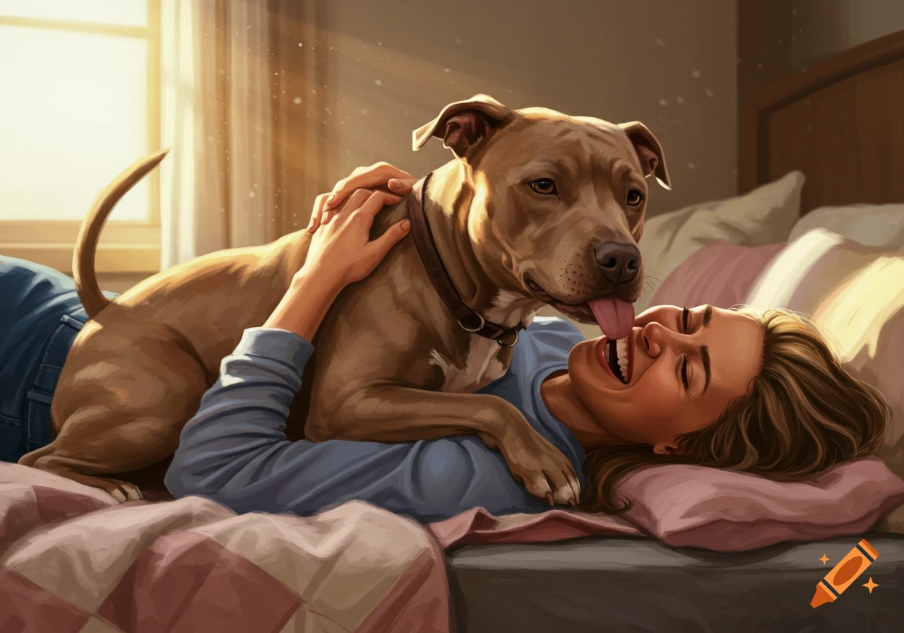 A brown Pitbull dog affectionately licks a laughing woman's face as she lies on a bed in a sunlit room.