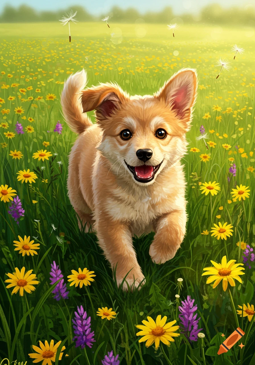 A happy golden puppy runs through a field of yellow and purple wildflowers under a bright blue sky.