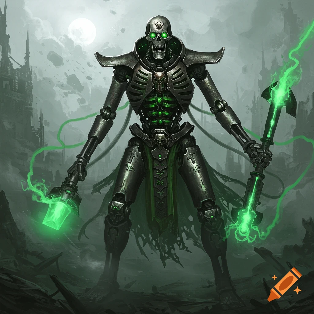 A tall, skeletal, metallic robot with glowing green eyes and energy weapons stands in a desolate, dark landscape under a full moon.