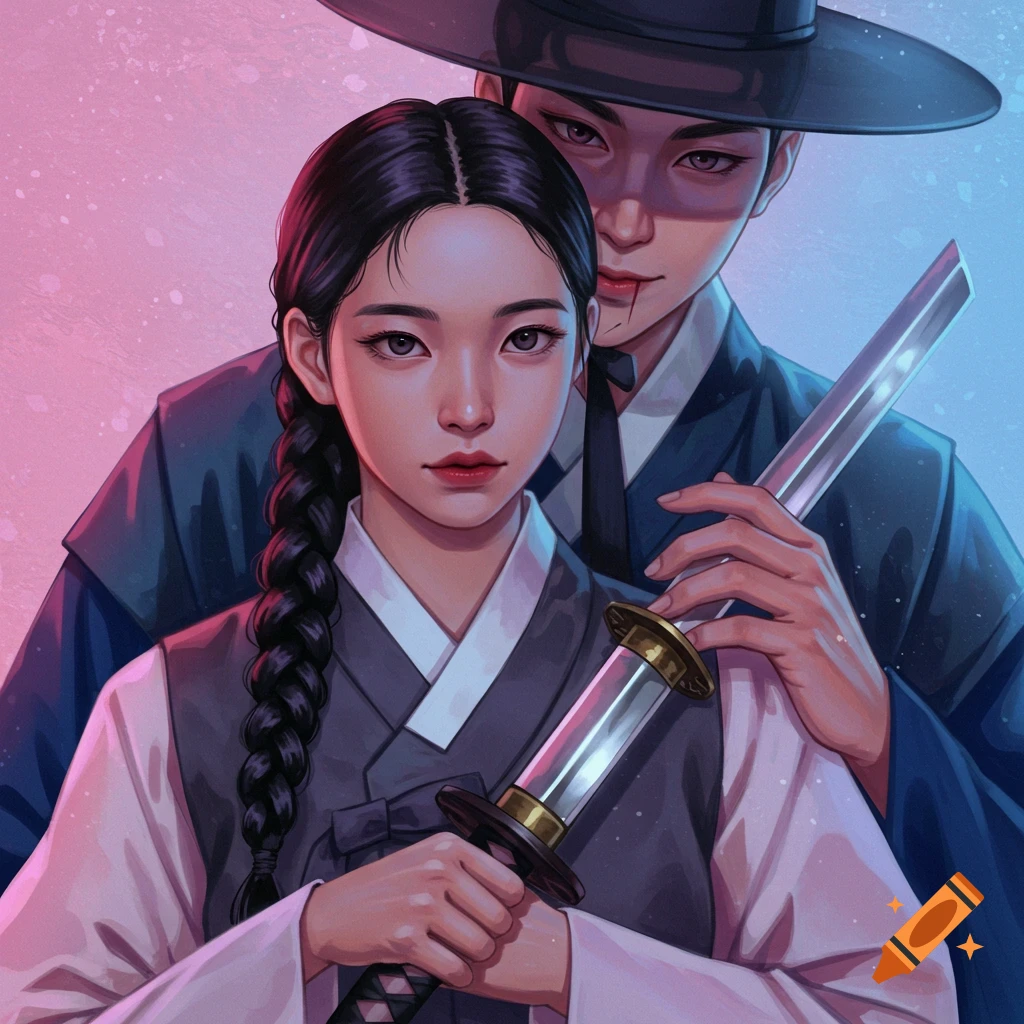 A stylized illustration of a Korean girl in traditional attire holding a sword, with a Korean man in a hat behind her.