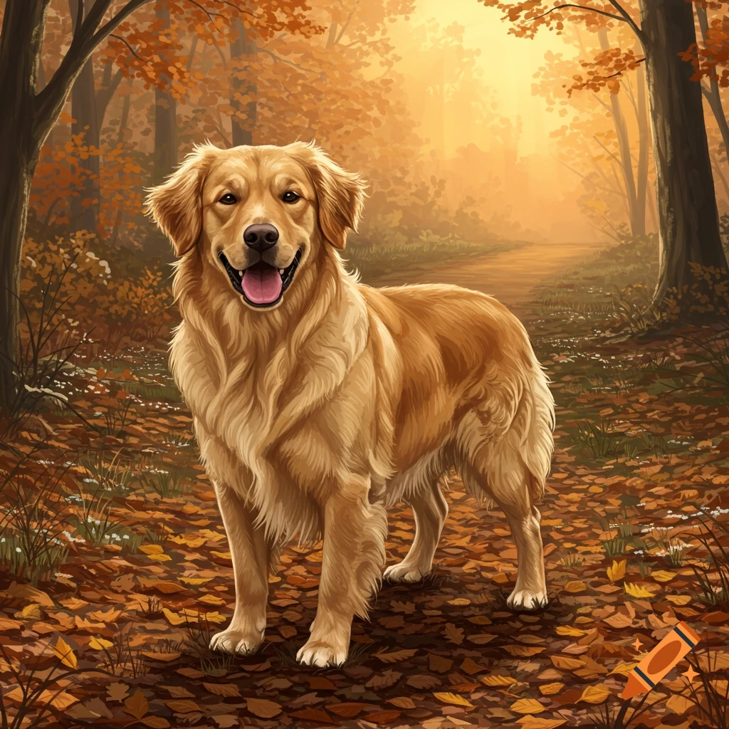 A happy Golden Retriever dog stands on a path covered in autumn leaves in a sunlit forest.