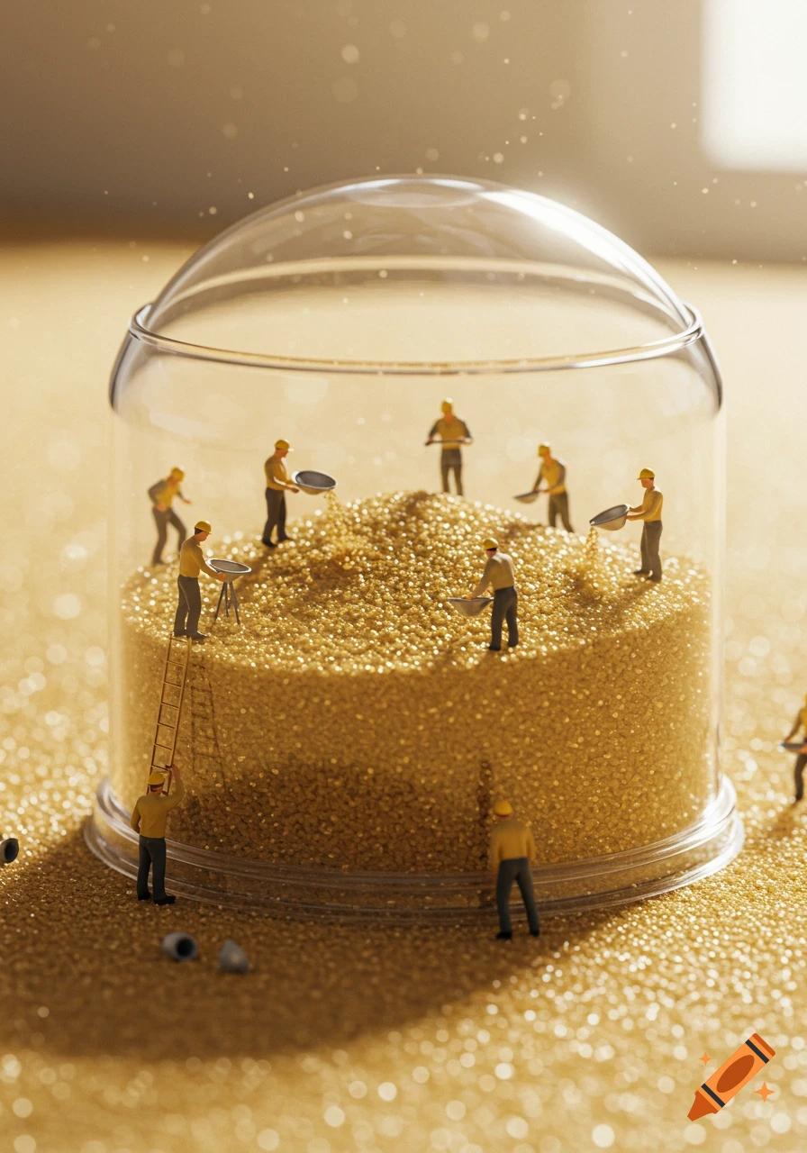 Miniature workers in a clear dome-shaped glass, shoveling a large pile of golden granular material. Photorealistic.