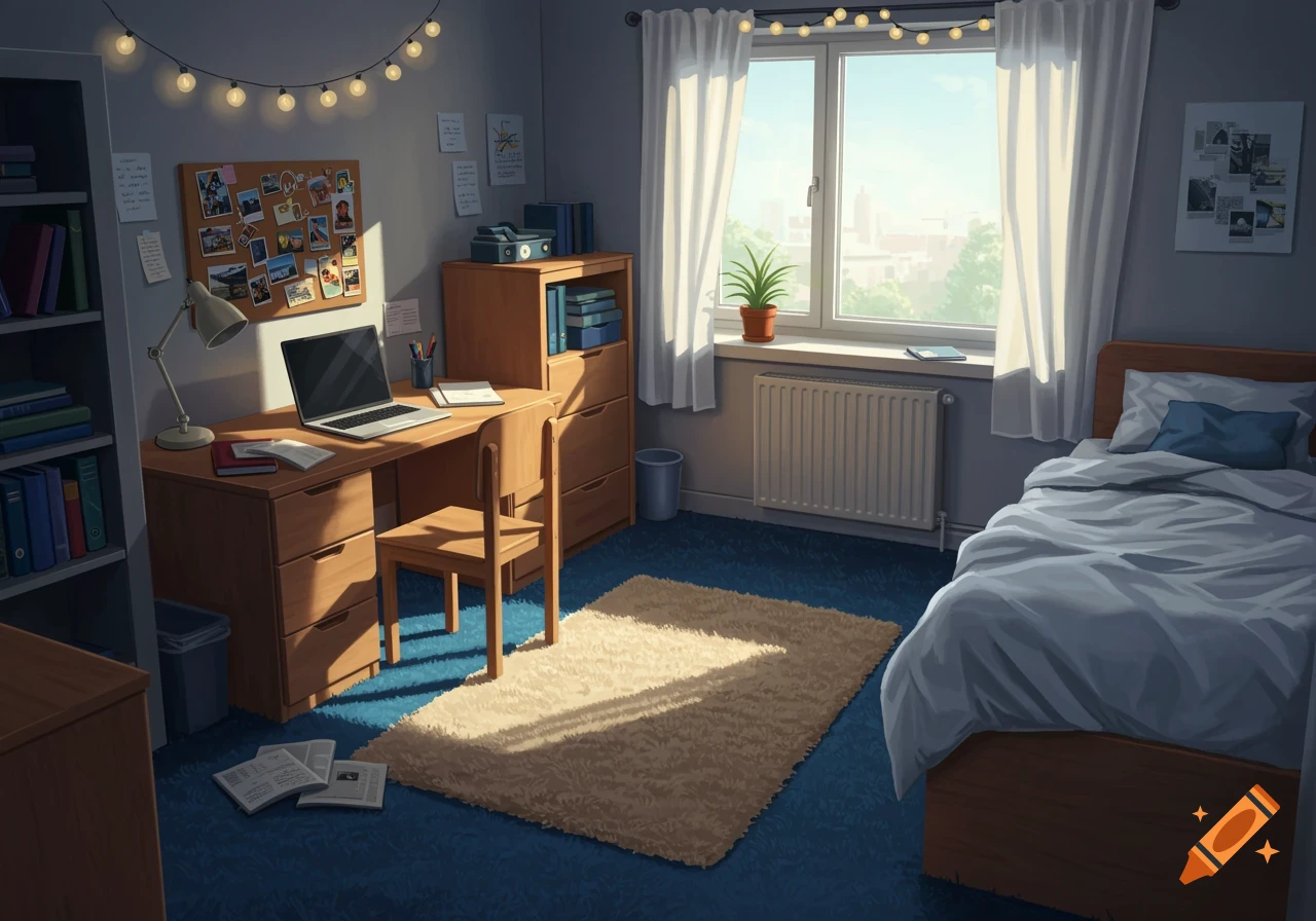 An anime-style dorm room with a bed, desk, chair, and bookshelf. Sunlight streams through a large window, illuminating a beige rug on a blue carpet.