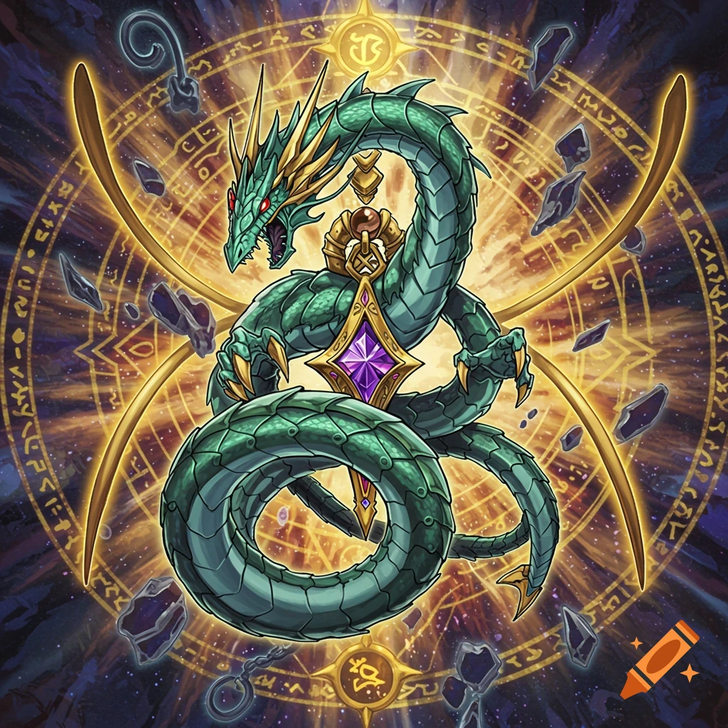 A green dragon with gold accents and a purple gem on its chest, surrounded by a glowing gold magical circle with arcane symbols and floating dark rocks.