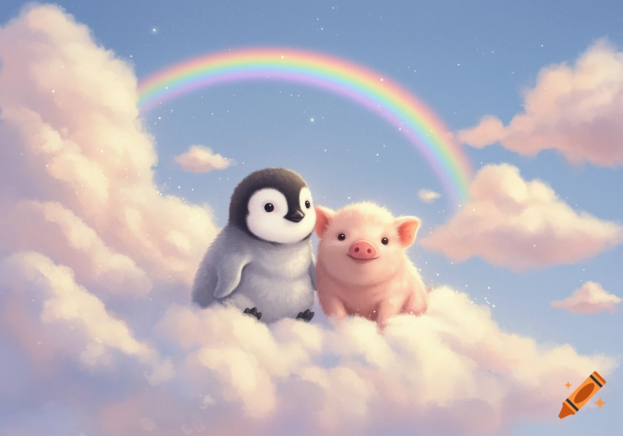 A cute baby penguin and a fluffy baby pig sit on pink clouds under a rainbow in a blue sky.