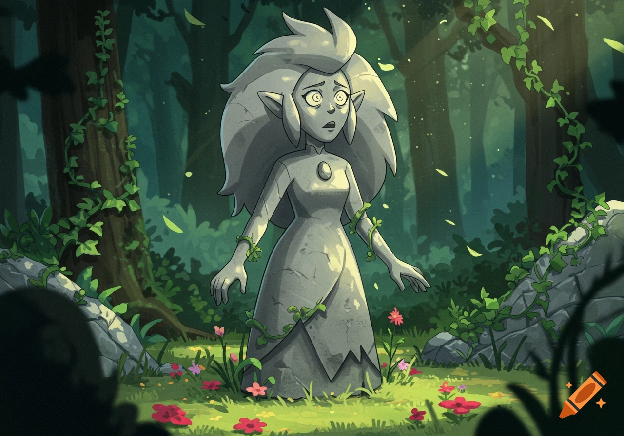A surprised stone statue of Young Eda from The Owl House stands in a vibrant green forest with vines and flowers.